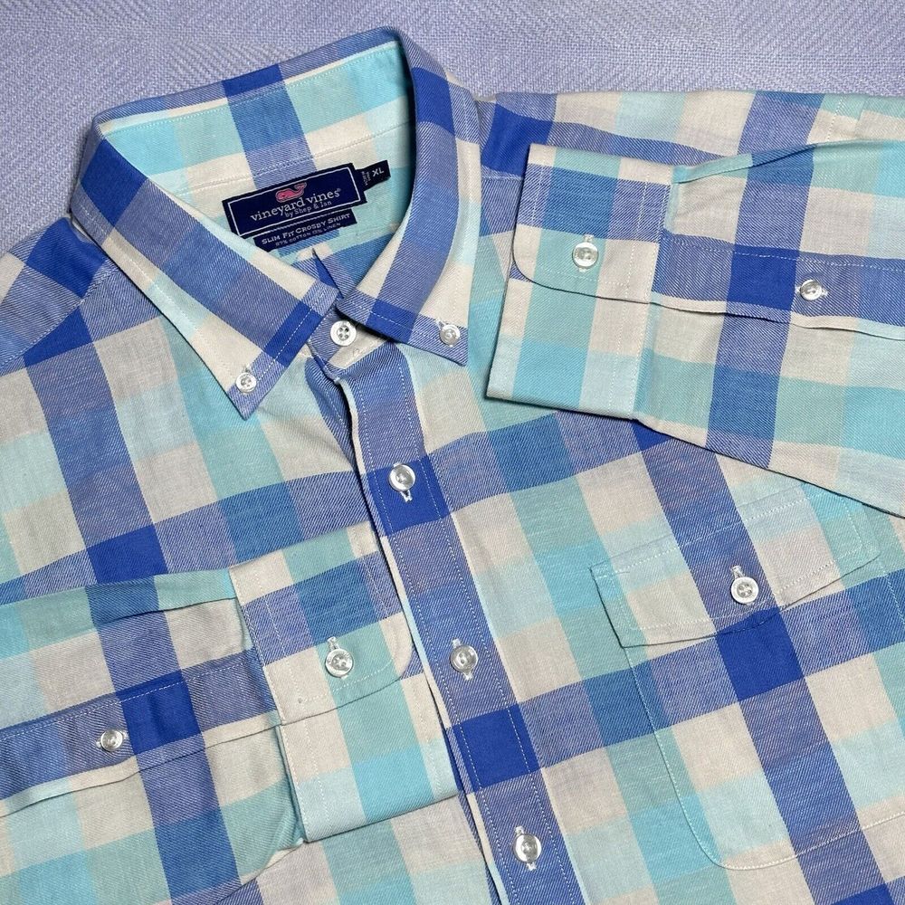 Vineyard Vines Slim Fit Crosby Shirt XL Cotton Linen Blue‎ Plaid Button Down